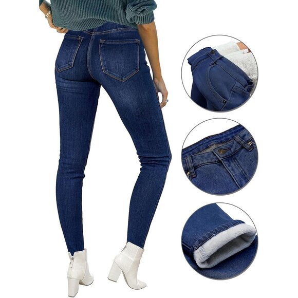 Women's Fleece Lined Jeans Thermal Denim Jeggings High Waist Stretch Warm - Picture 2 of 5